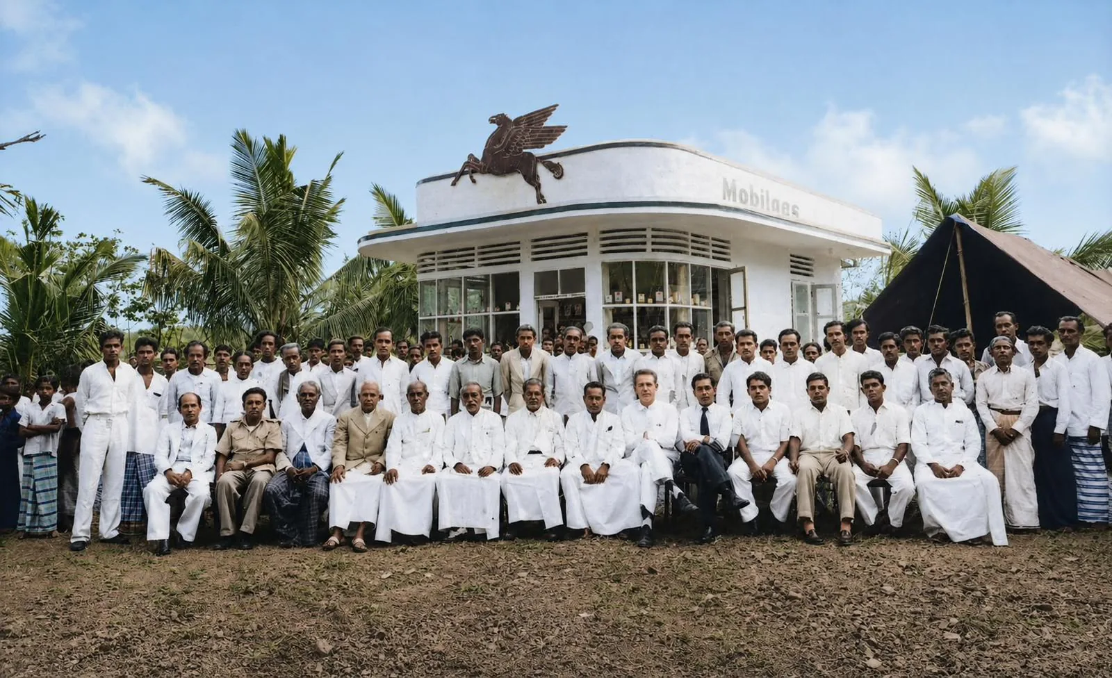 The same 1940s Hakmana filling station photograph, restored in colour